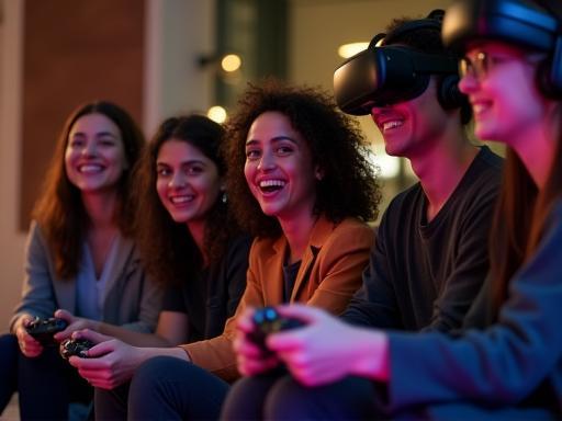 Equipo de Consola Juego sonriendo y disfrutando de videojuegos en un ambiente moderno
