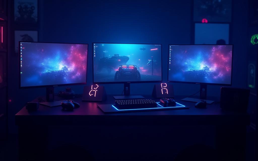 Moderno setup gamer con consolas y luces de neón