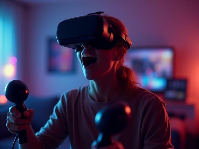 Persona utilizando un casco de Realidad Virtual Oculus Quest 2, maravillada por la experiencia inmersiva